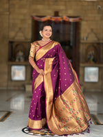 Thumbnail for Vedant Vastram Soft Litchi Silk Paithani Jacquard Saree - Wine - Dista