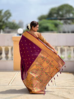 Thumbnail for Vedant Vastram Soft Litchi Silk Paithani Jacquard Saree - Wine - Dista