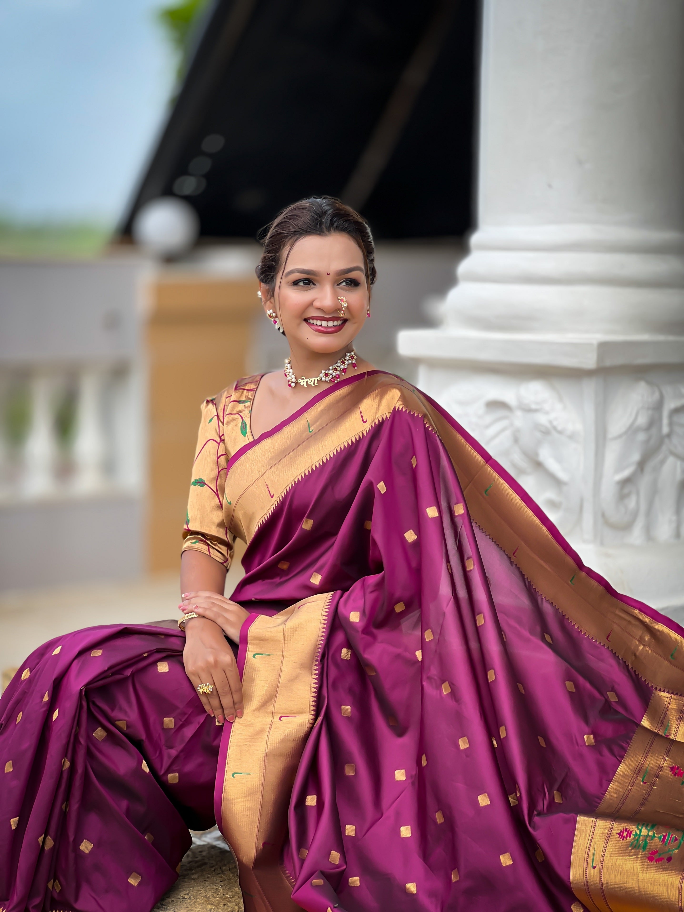 Vedant Vastram Soft Litchi Silk Paithani Jacquard Saree - Wine - Dista