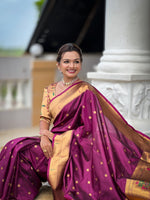 Thumbnail for Vedant Vastram Soft Litchi Silk Paithani Jacquard Saree - Wine - Dista