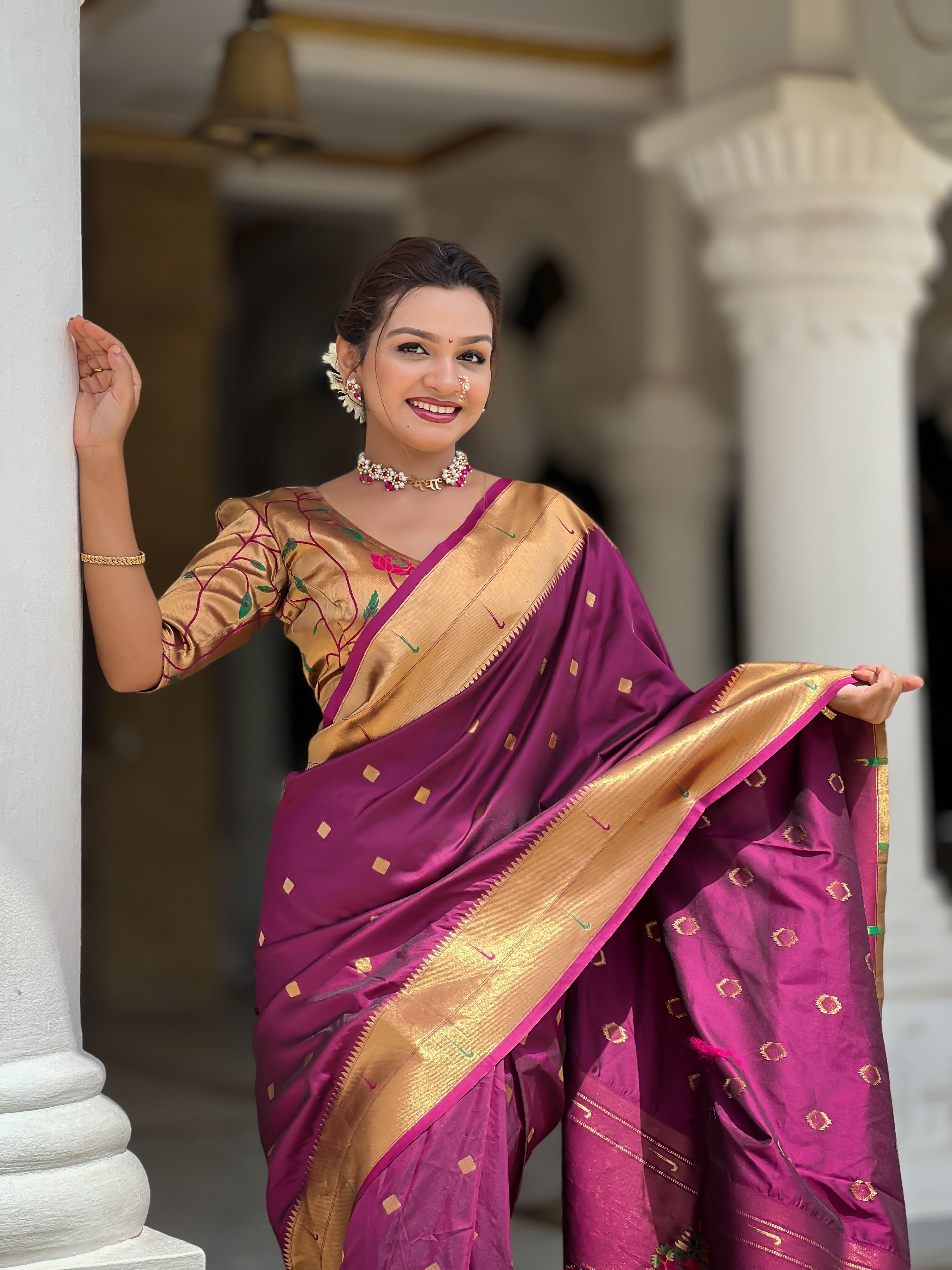 Vedant Vastram Soft Litchi Silk Paithani Jacquard Saree - Wine - Dista