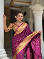 Thumbnail for Vedant Vastram Soft Litchi Silk Paithani Jacquard Saree - Wine - Dista