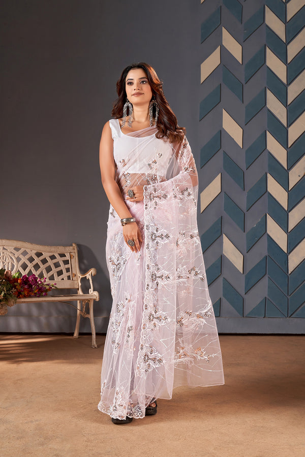 Teeya Creation Baby Pink Color Butterfly Net Heavy Work Saree - Distacart