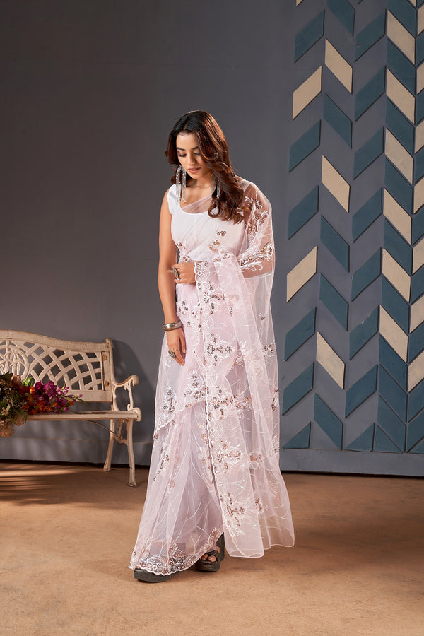 Teeya Creation Baby Pink Color Butterfly Net Heavy Work Saree - Distacart