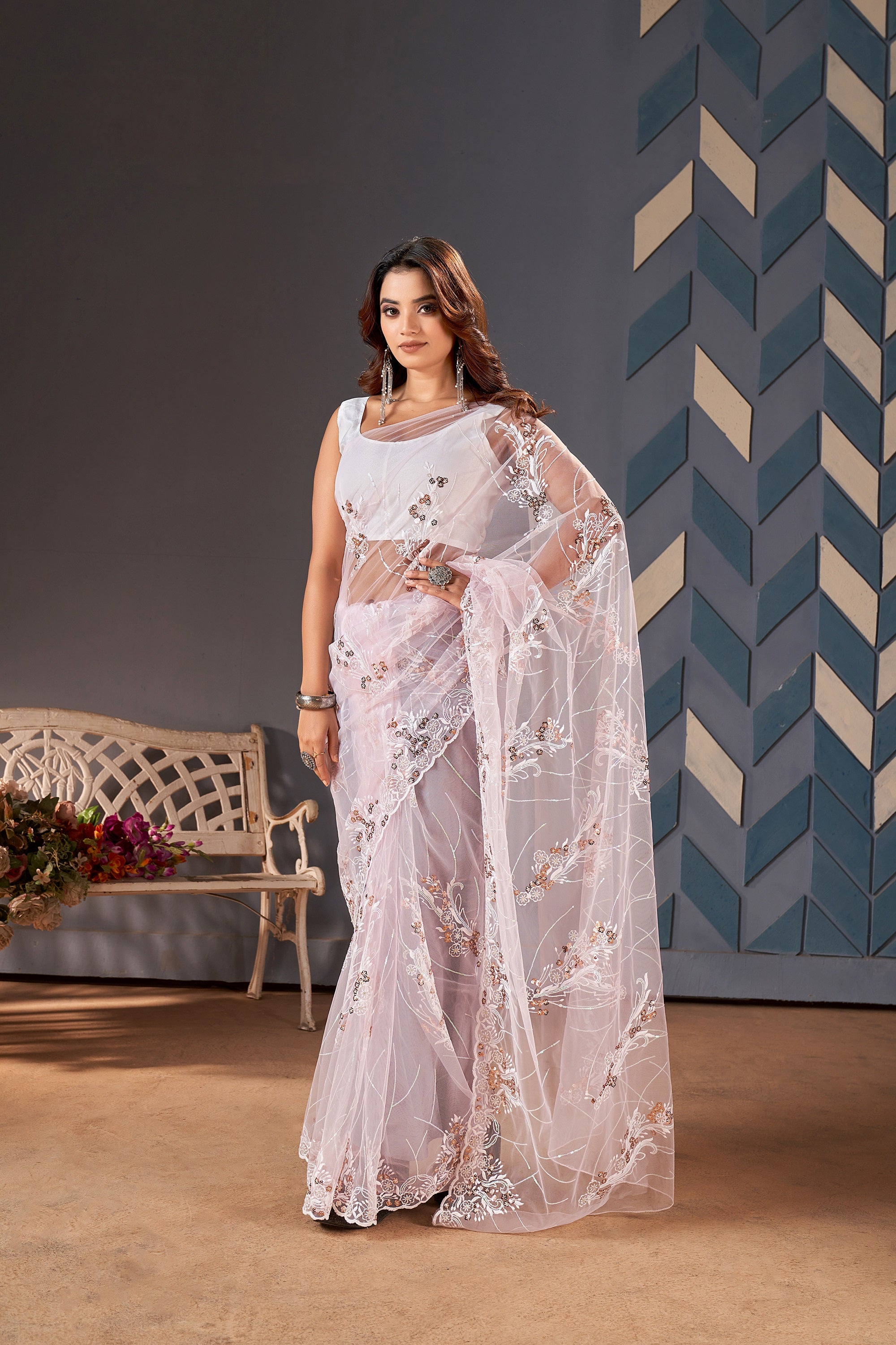 Teeya Creation Baby Pink Color Butterfly Net Heavy Work Saree - Distacart