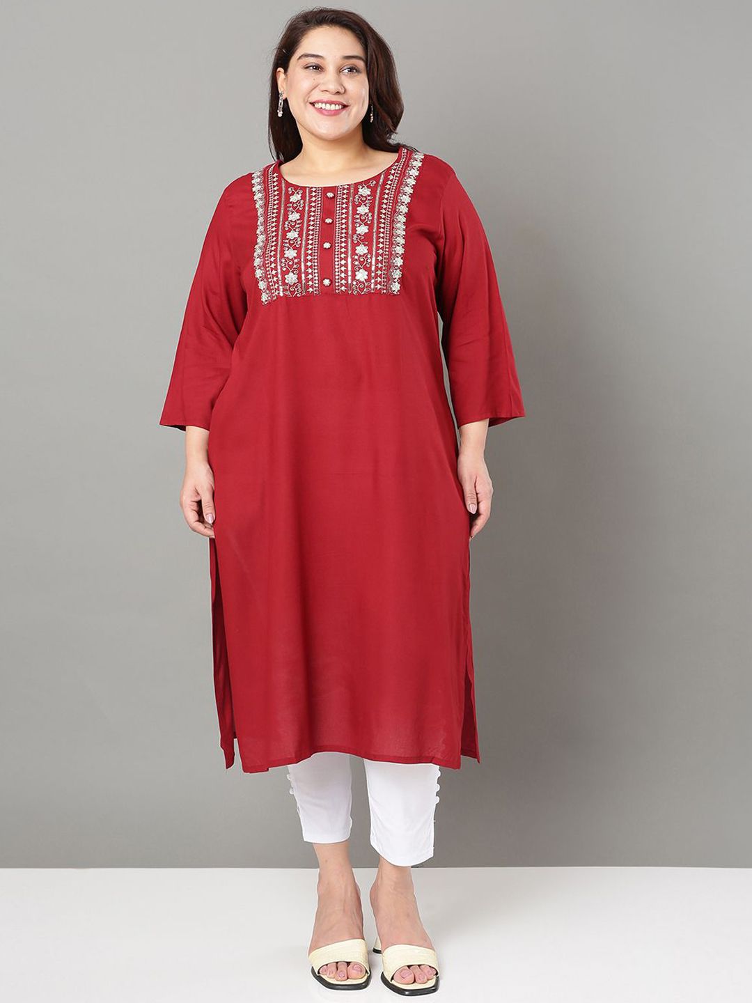 Sztori Plus Size Floral Yoke Design Mirror Work Straight Kurta - Distacart