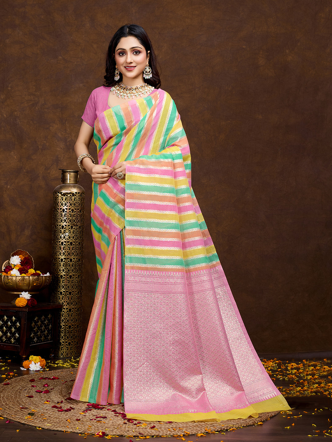 Vedant Vastram Jacquard Work Fancy Bollywood Saree - Pink - Distacart