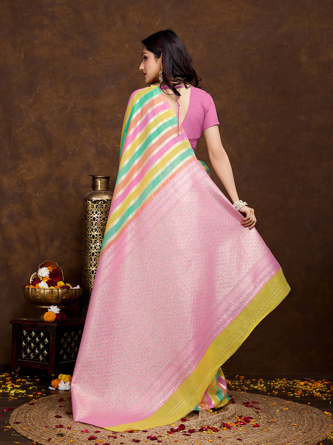 Vedant Vastram Jacquard Work Fancy Bollywood Saree - Pink - Distacart