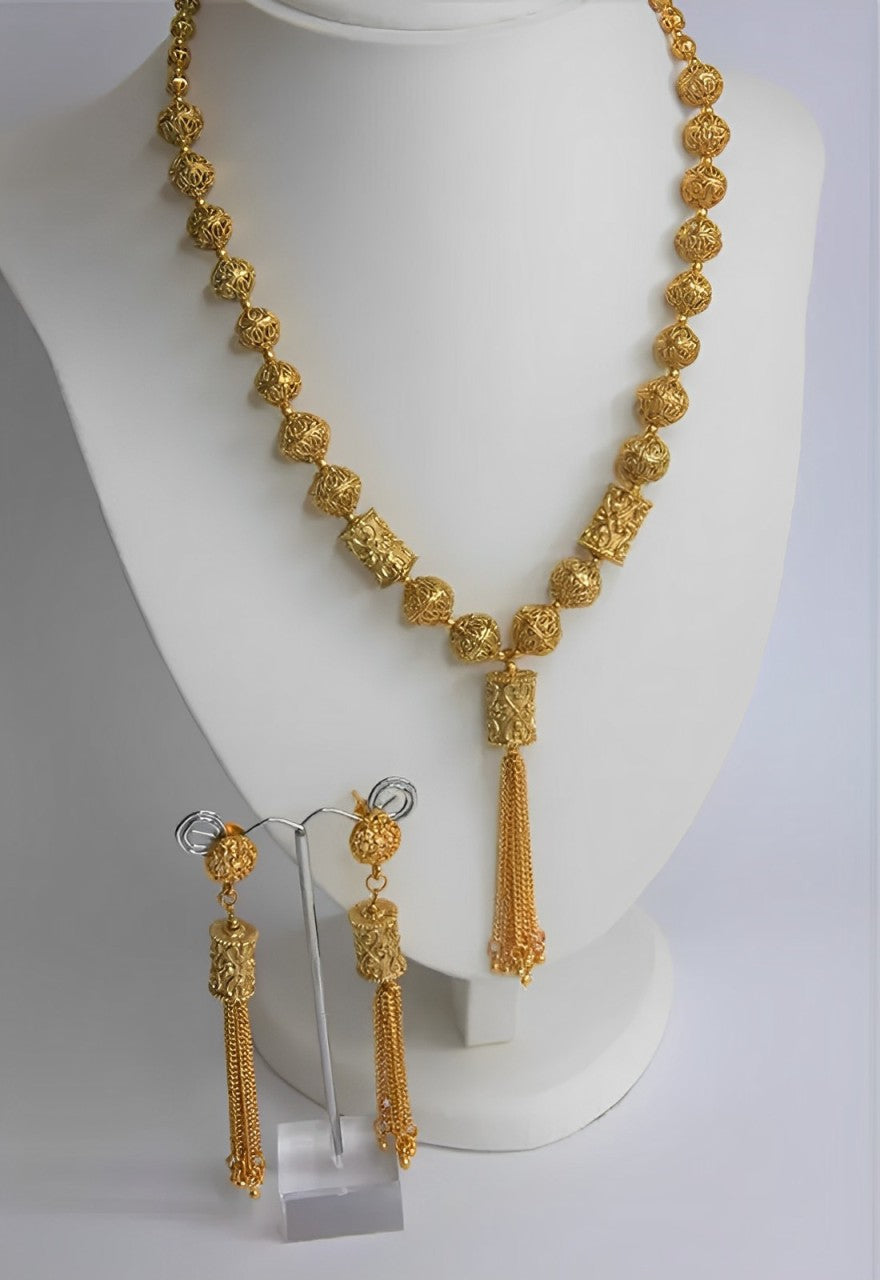 Jewel City Elegant Gold Filigree Tassel Necklace and Earring Set - Traditional Indian Bridal Jewelry - Distacart