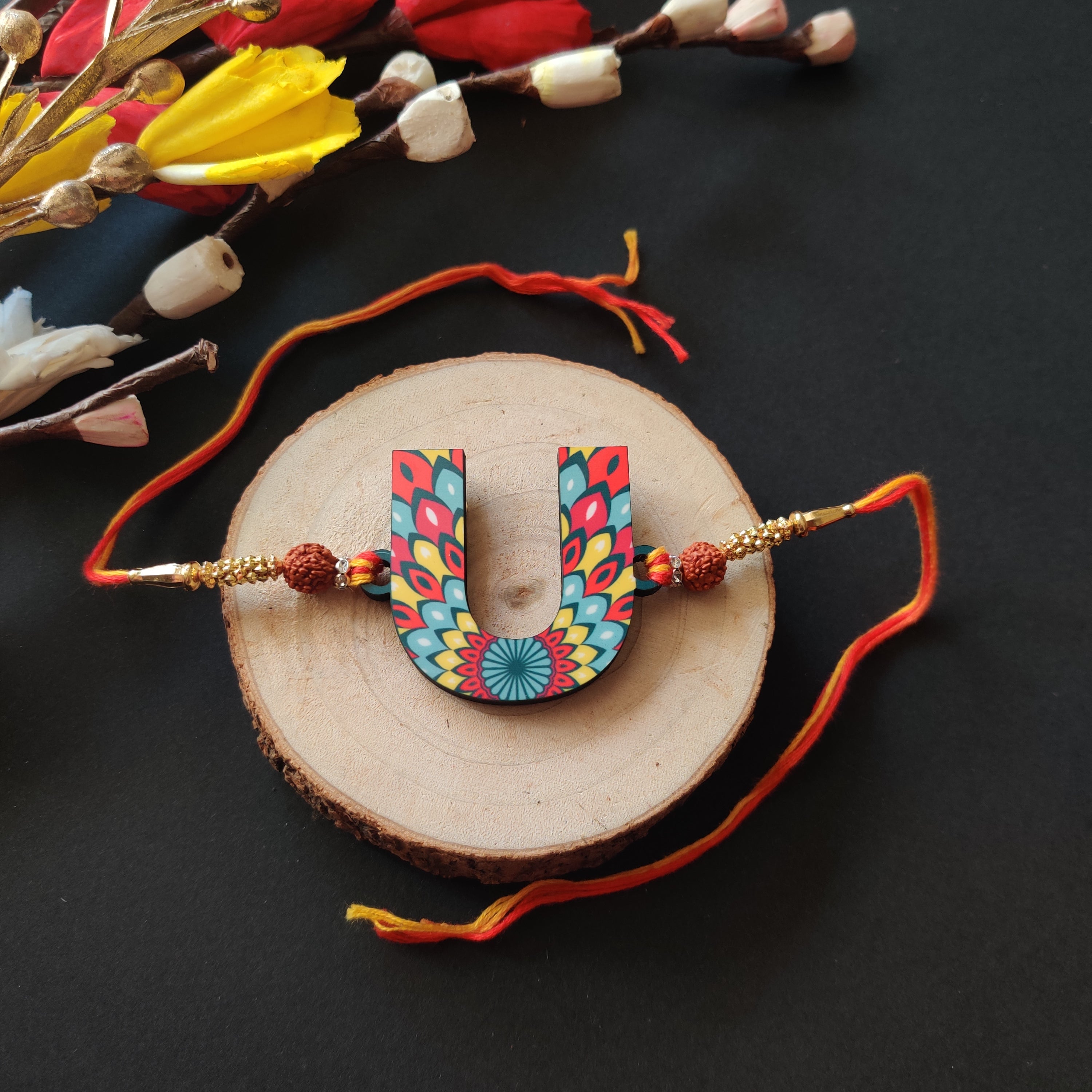 Indianvibez Alphabet U Wooden Rakhi - Kids Rakhi