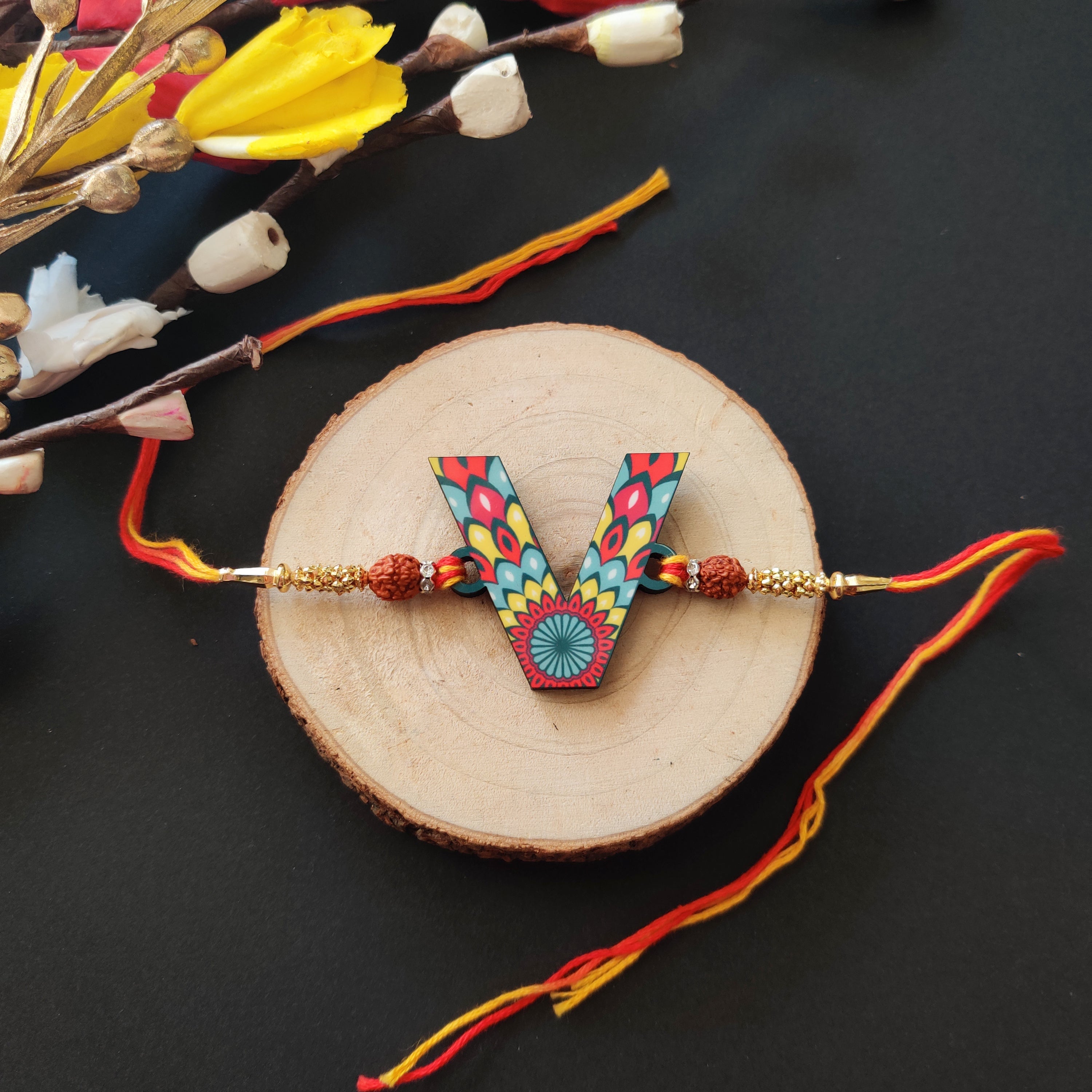 Indianvibez Alphabet V Wooden Rakhi - Kids Rakhi