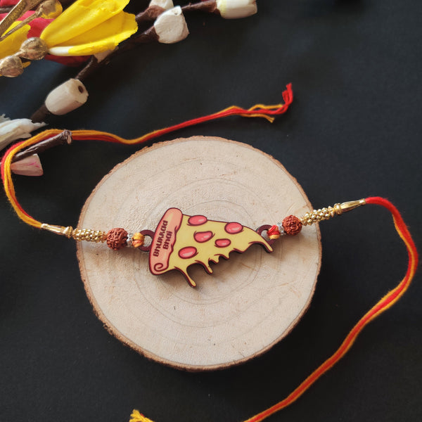Indianvibez Bhukkad Bhai Pizza Wooden Rakhi with Rudraksha, Food Rakhi for Brother, Shop India - Kids Rakhi