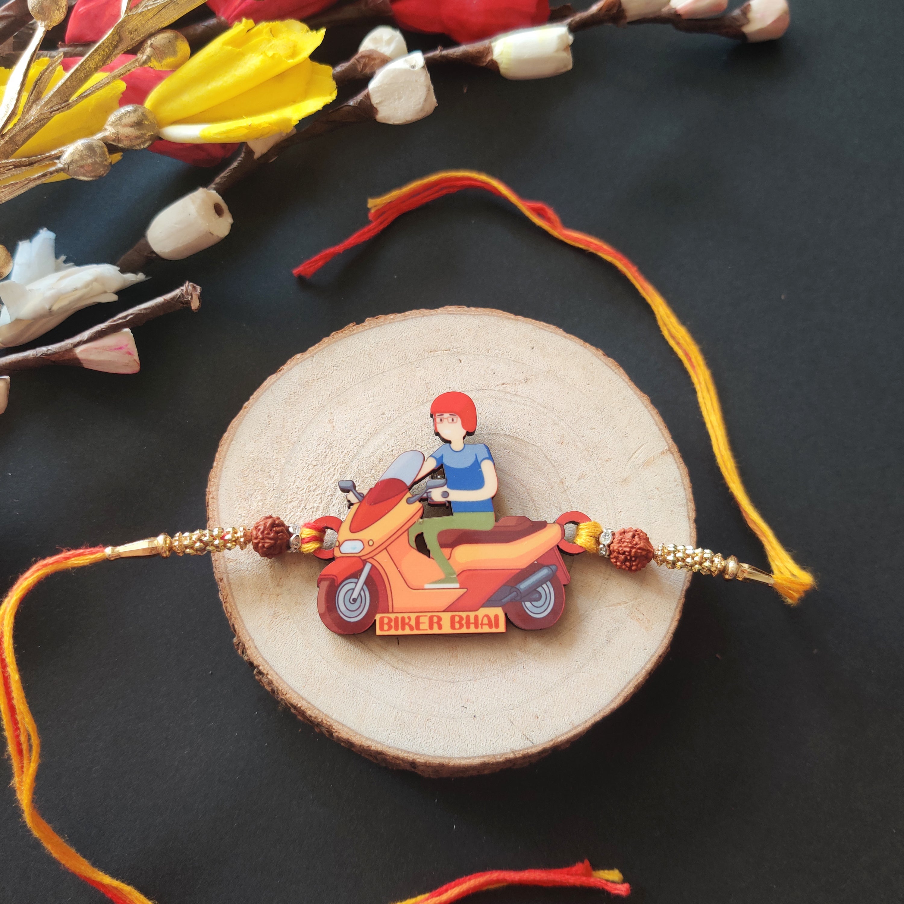 Indianvibez Biker Bhai Wooden Rakhi with Rudraksha, Motorcycle Rakhi for Bro, Shop India - Kids Rakhi