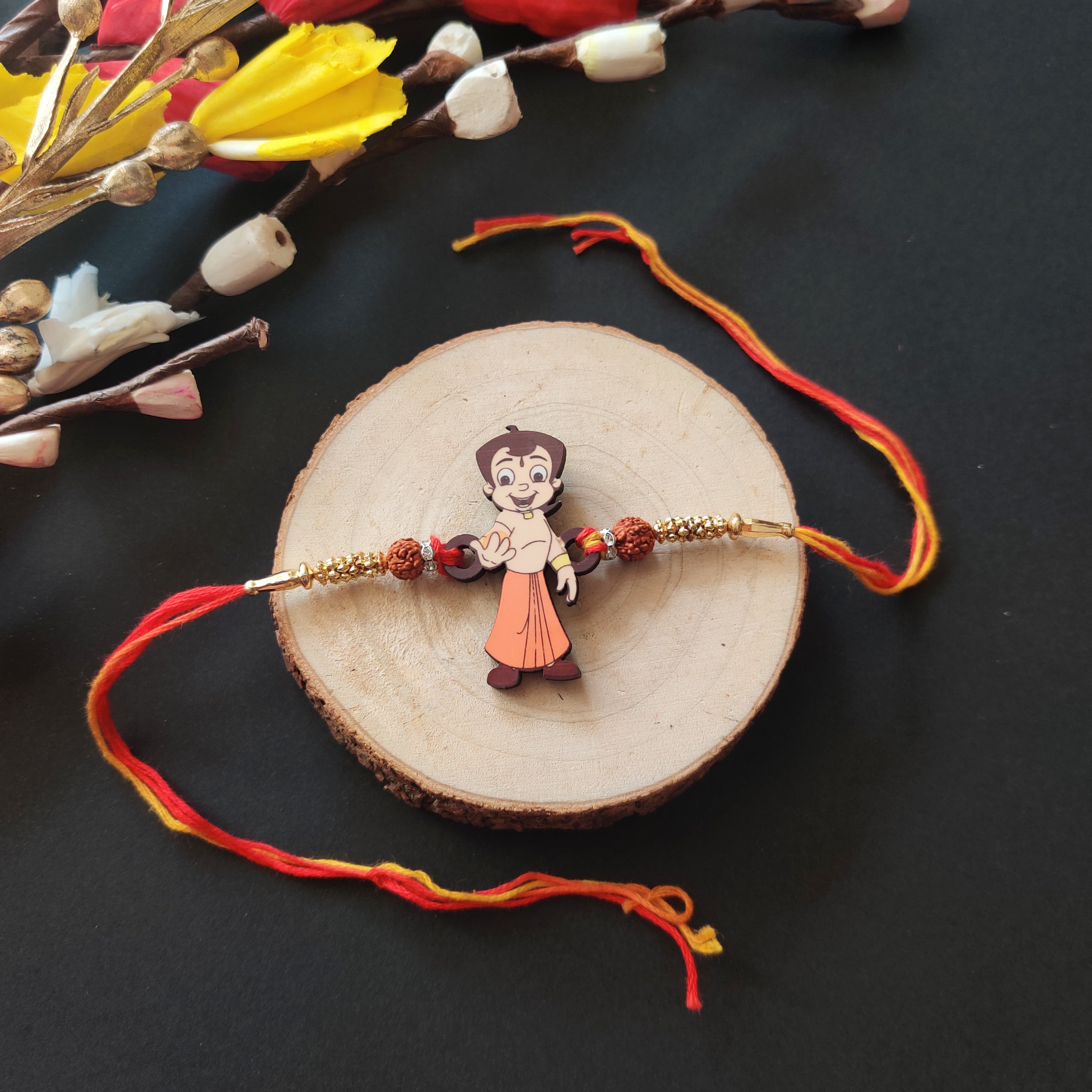 Indianvibez Chota Bheem Wooden Rakhi with Rudraksha, Cartoon Rakhi for Bro, Shop India - Kids Rakhi