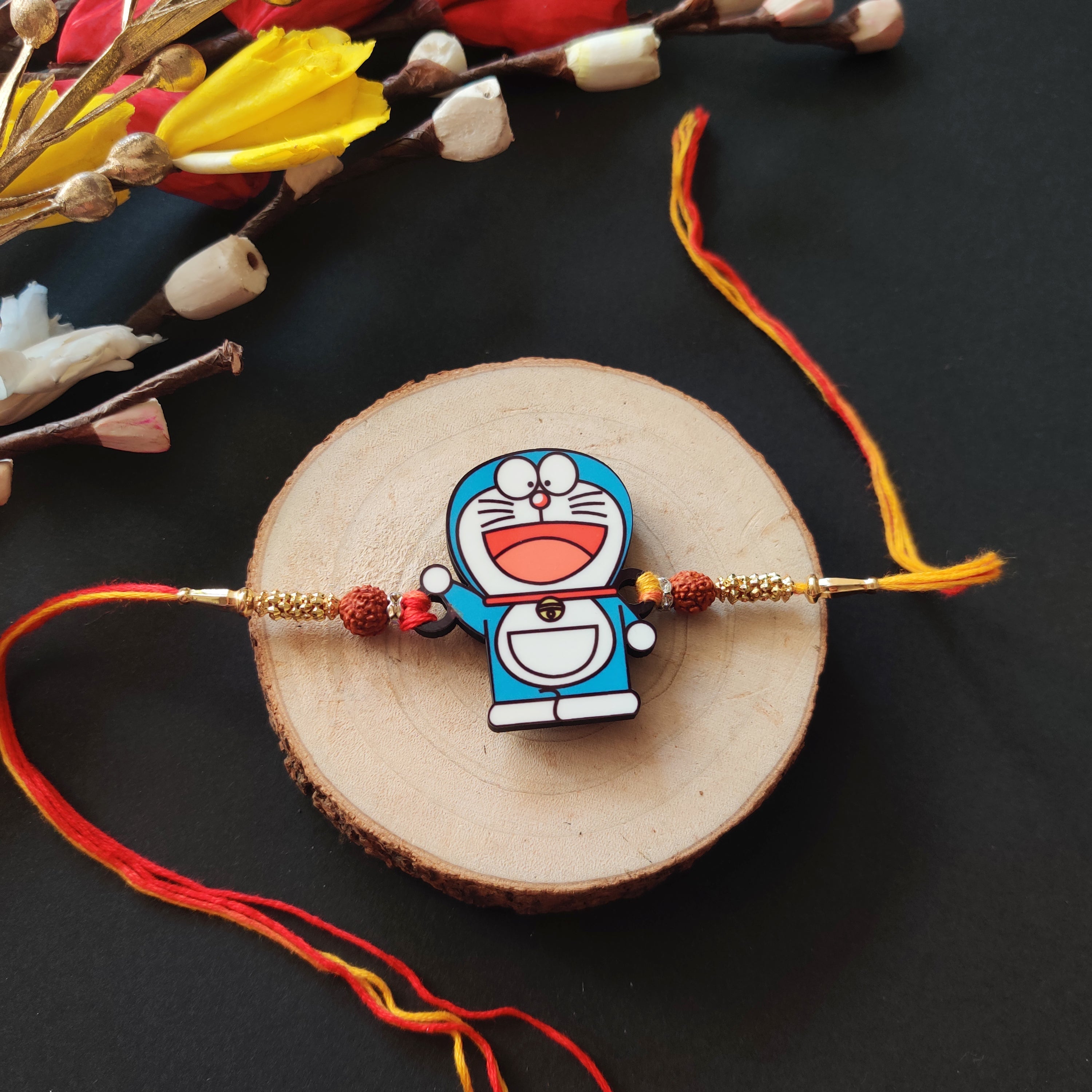 Indianvibez Doraemon Wooden Rakhi with Rudraksha, Cartoon Rakhi for Bro, Shop India - Kids Rakhi
