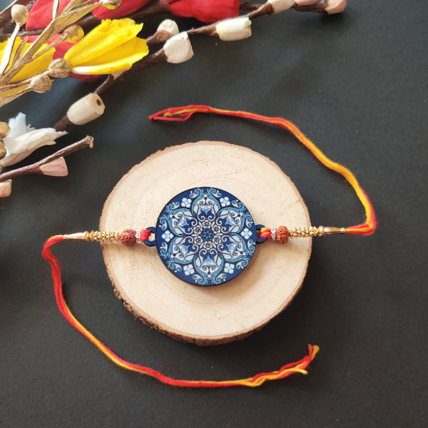 Indianvibez Ethnic Mandala Wooden Rakhi with Rudraksha, Divine Rakhi for Brother| - Kids Rakhi