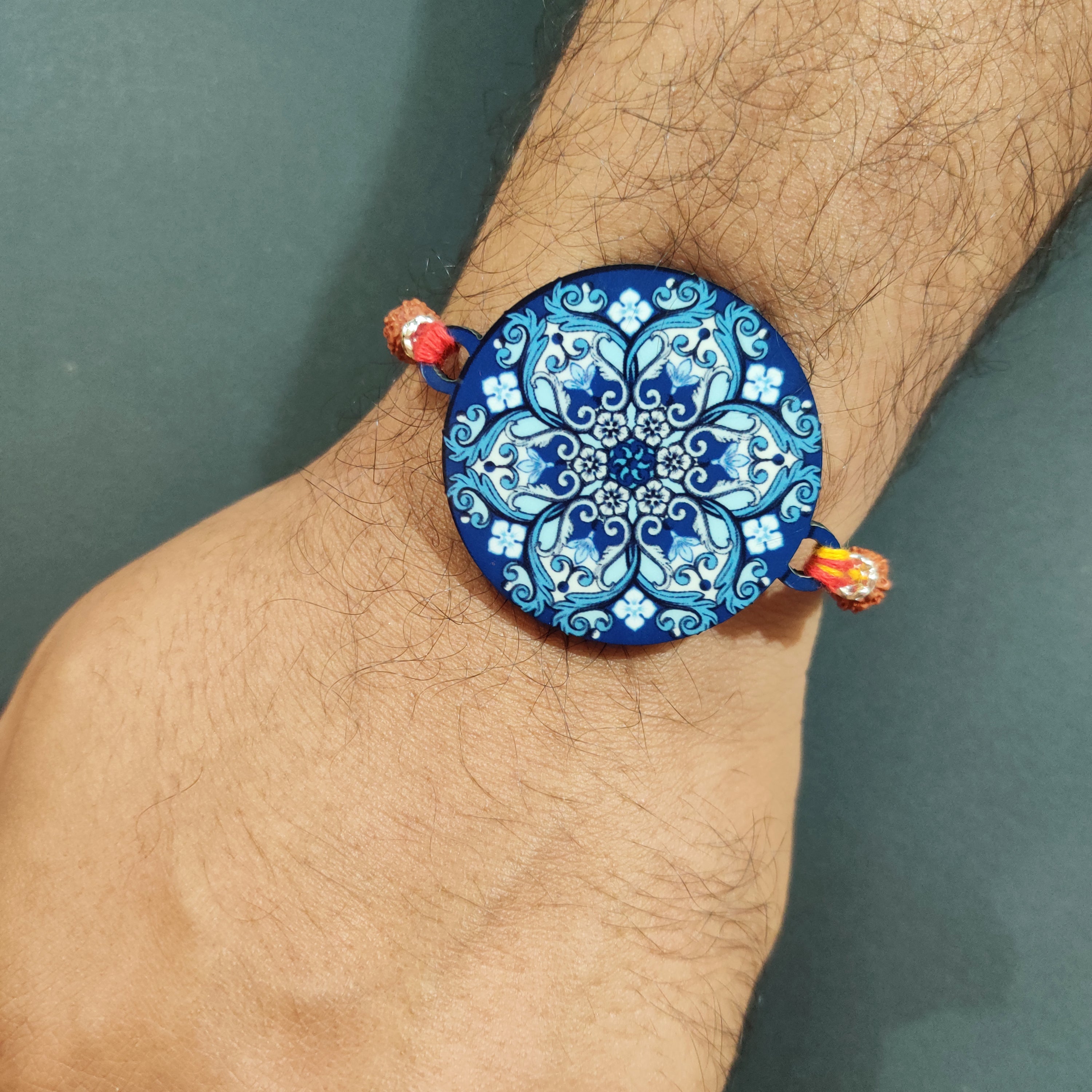 Indianvibez Ethnic Mandala Wooden Rakhi with Rudraksha, Divine Rakhi for Brother| - Kids Rakhi