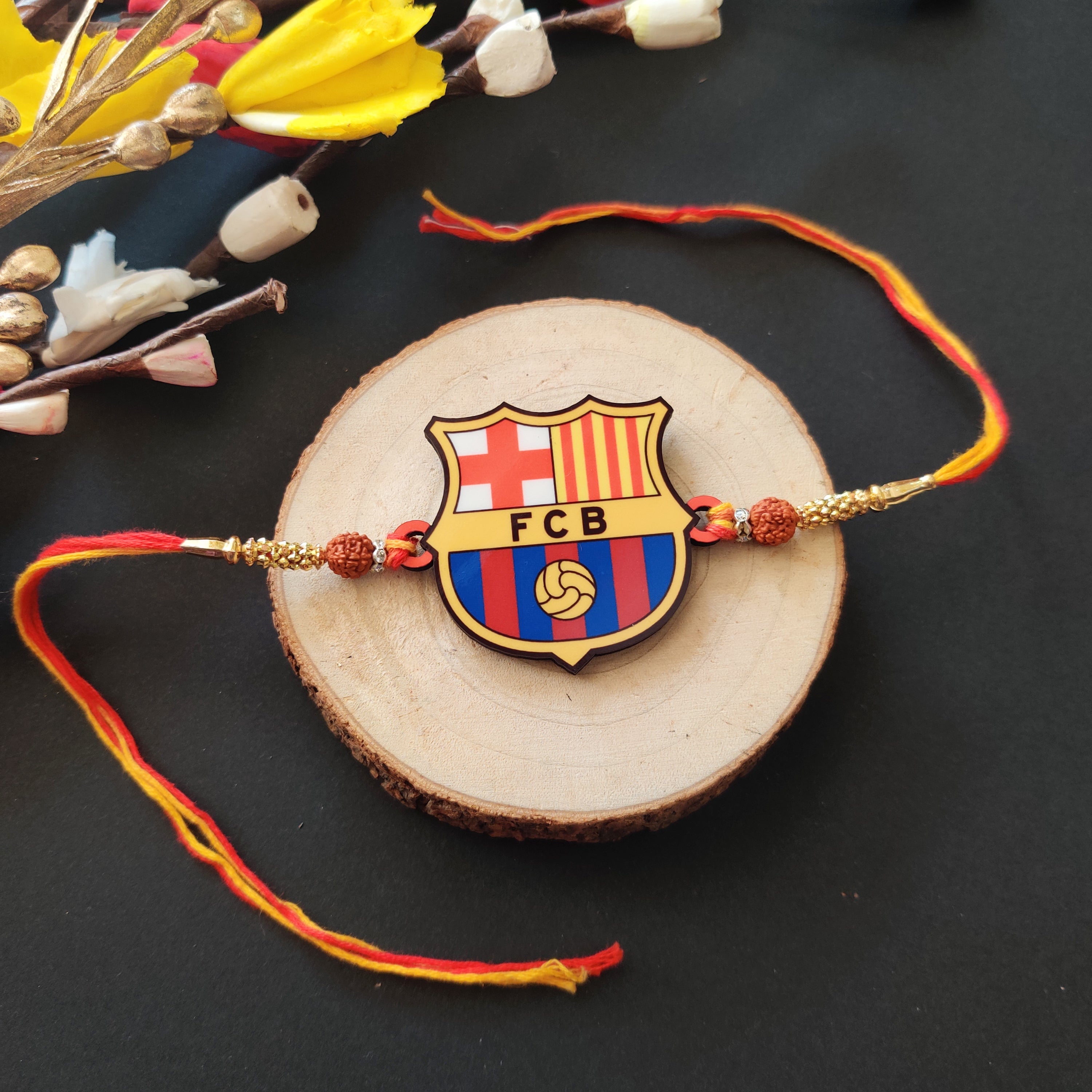 Indianvibez FC Barcelona Wooden Rakhi with Rudraksha, Barca Rakhi for Bro, Shop India - Kids Rakhi