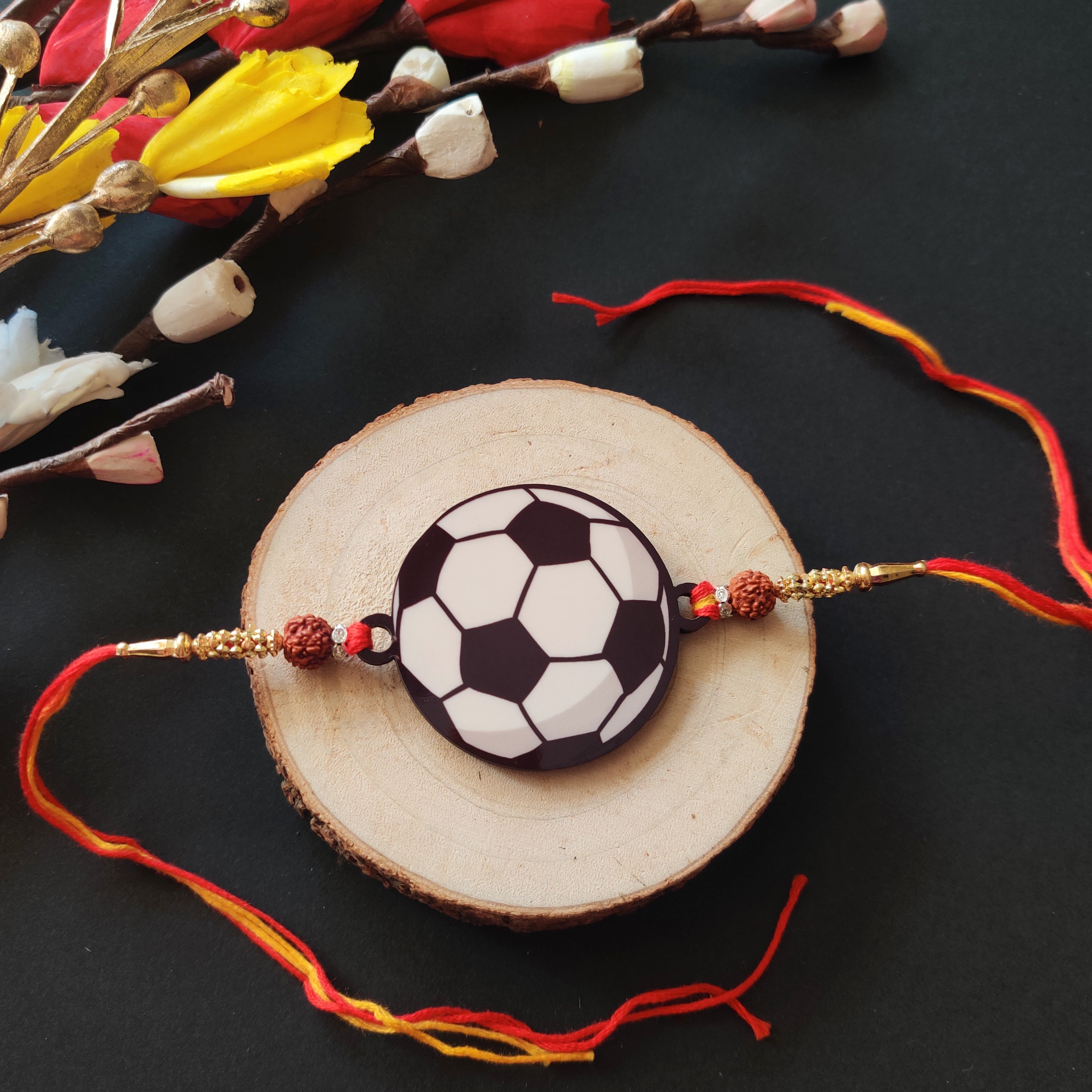 Indianvibez Football Wooden Rakhi with Rudraksha, Soccer Rakhi for Bro, Shop India - Kids Rakhi