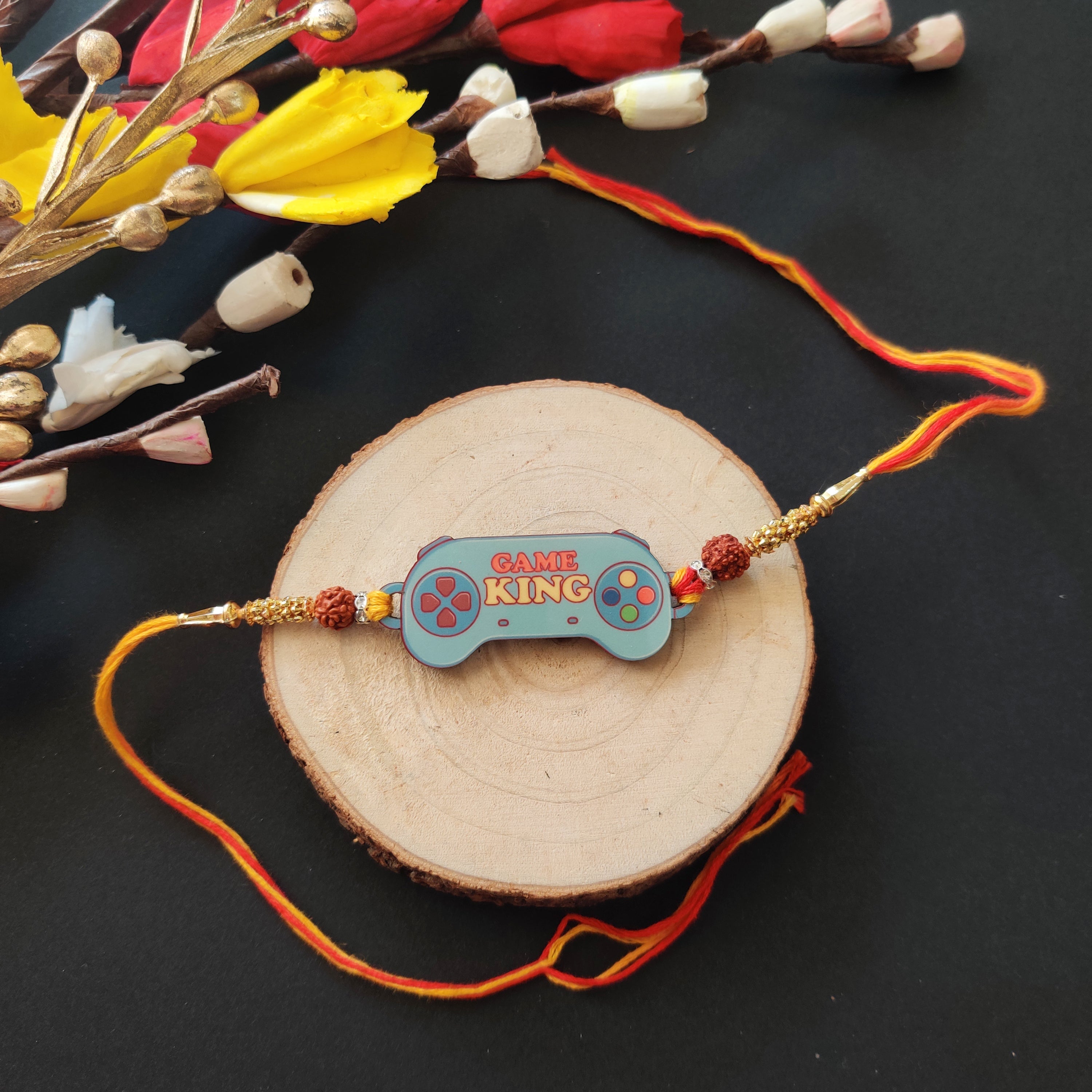 Indianvibez Gamer King Bhai Wooden Rakhi with Rudraksha, Gaming Rakhi for Bro, Shop India - Kids Rakhi