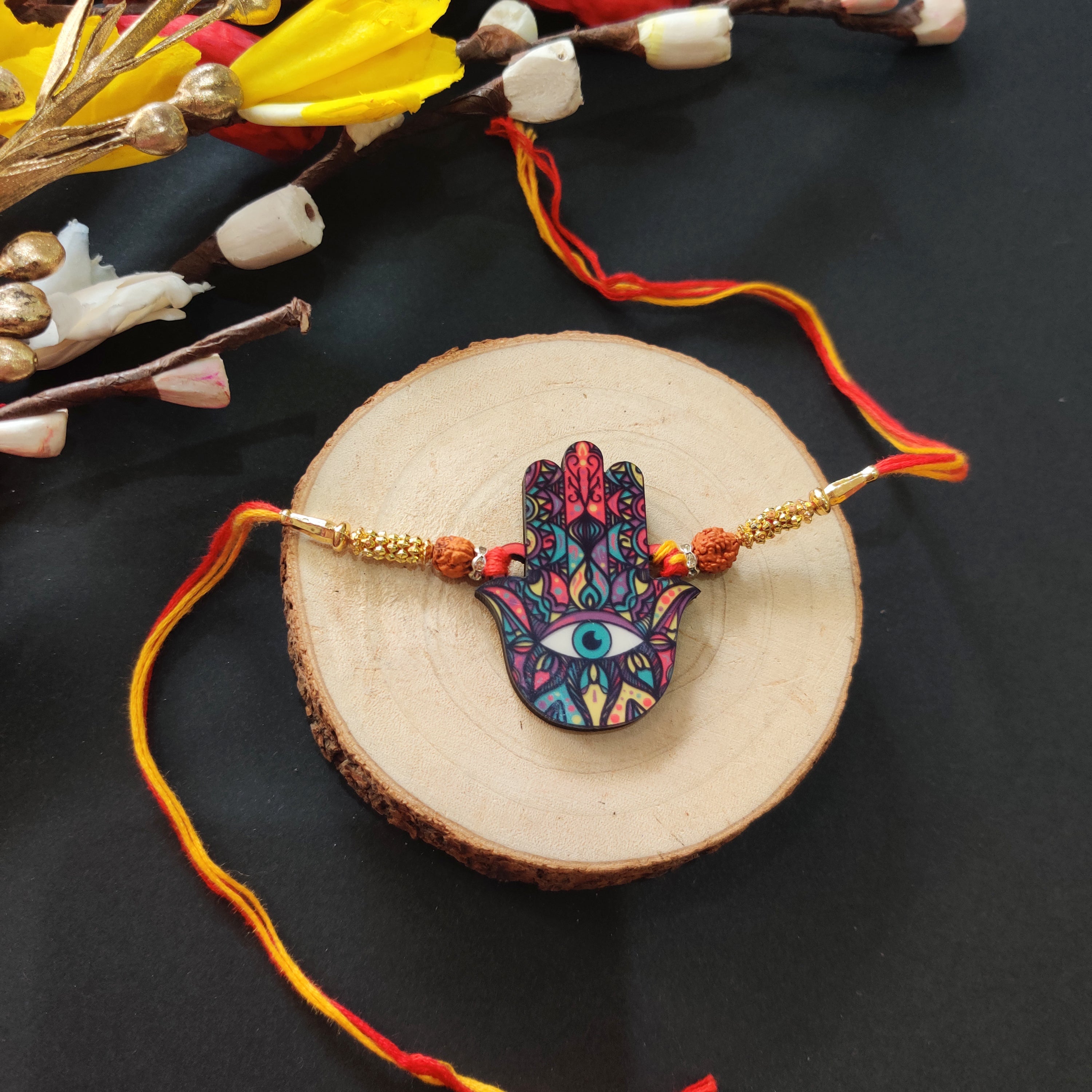 Indianvibez Protective Hamsa Rakhi, Wooden Rakhi with Rudraksha Thread - Kids Rakhi