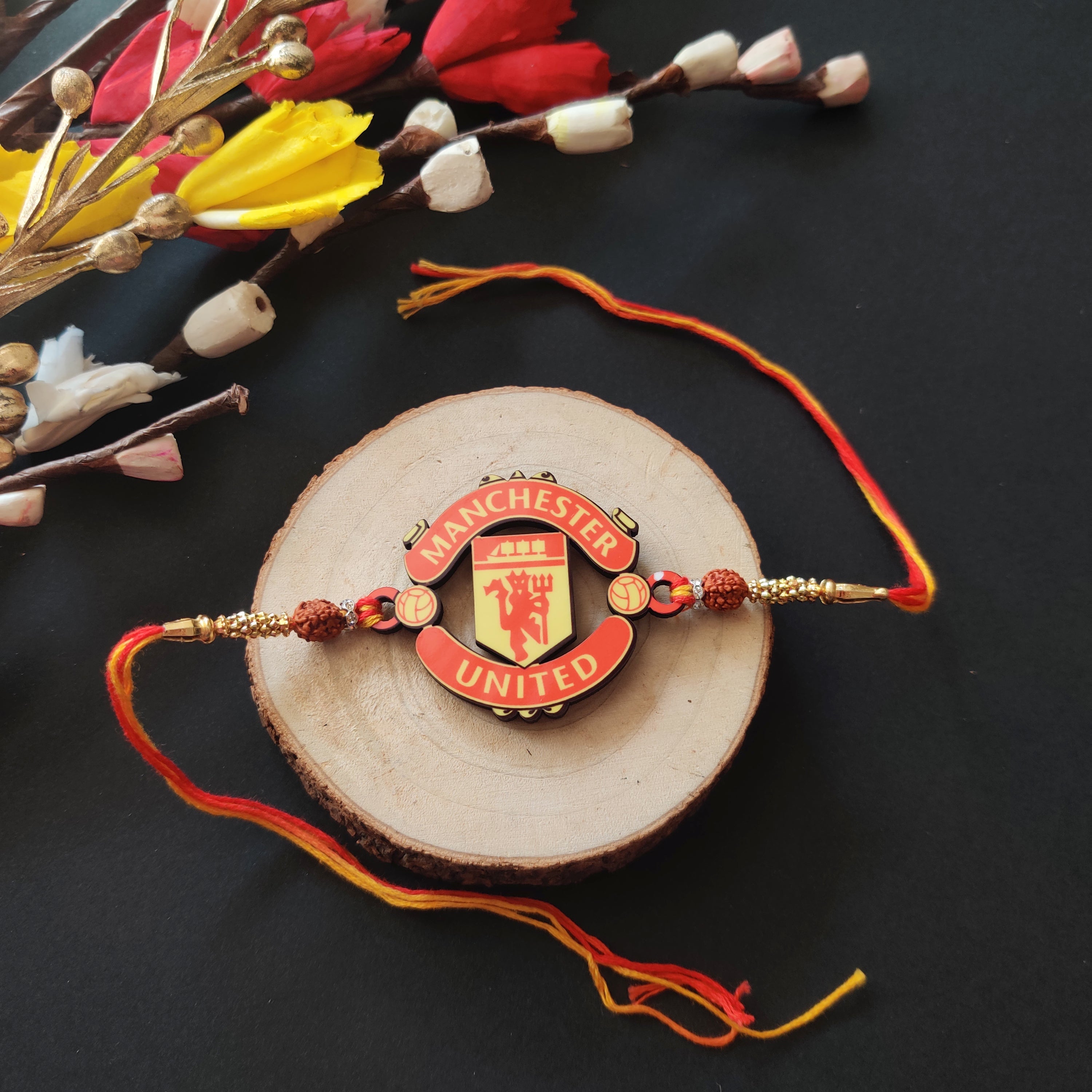 Indianvibez Manchester United Wooden Rakhi with Rudraksha, Football Rakhi for Bro, Shop India - Kids Rakhi - Distacart