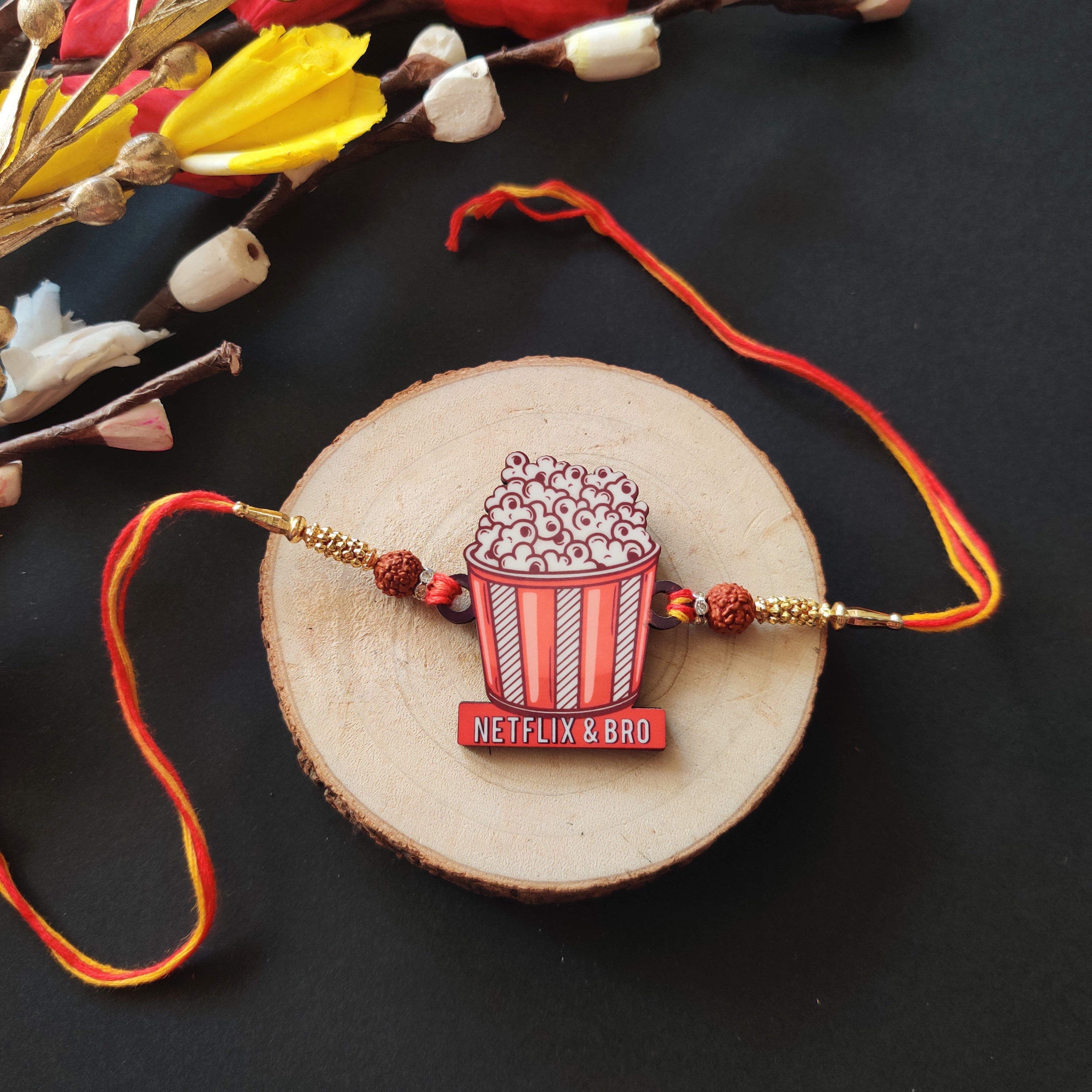 Indianvibez Netflix & Bro Wooden Rakhi with Rudraksha, Chill Bhai Rakhi, Shop India - Kids Rakhi - Distacart