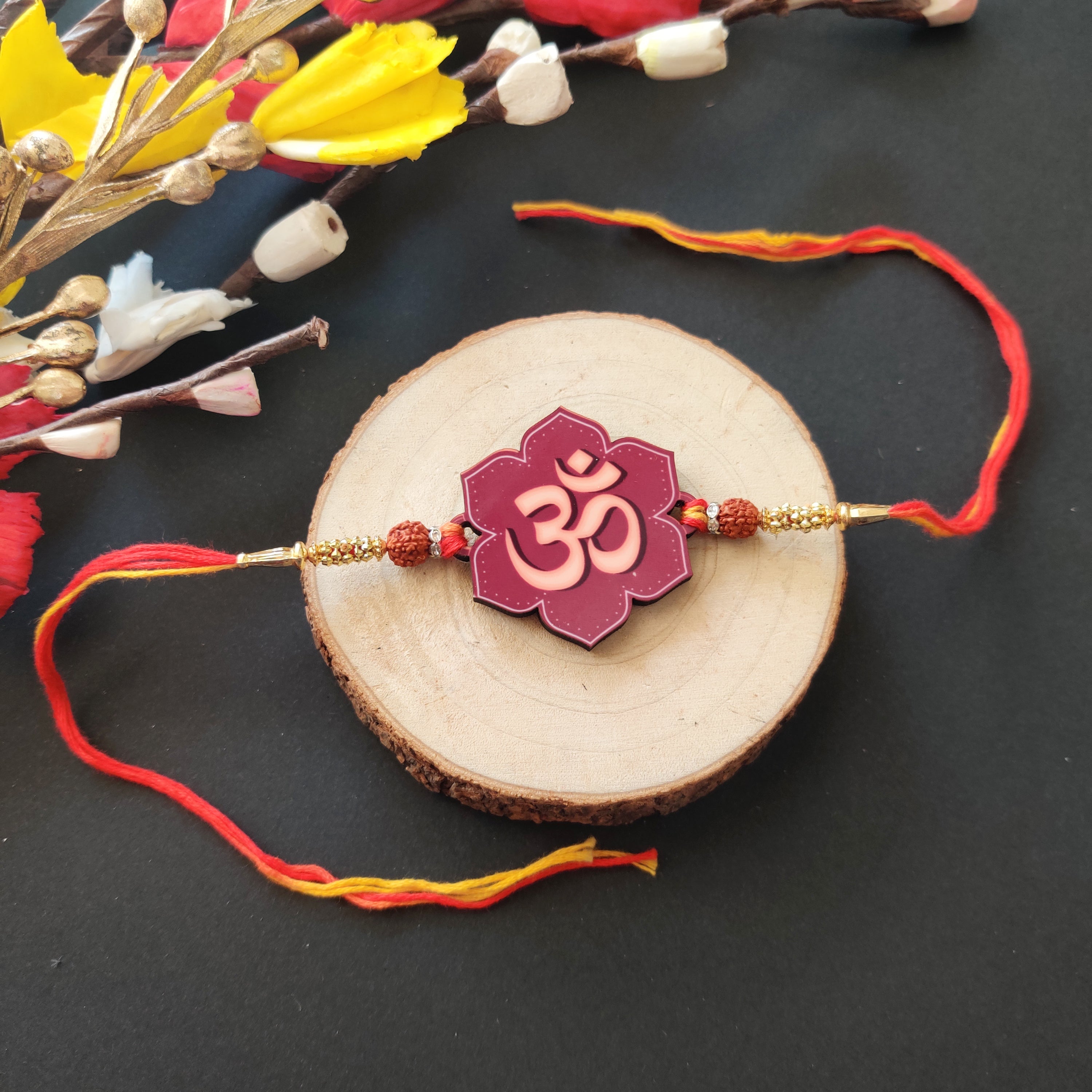 Indianvibez Om Wooden Rakhi with Rudraksha Thread, Rakhi for Brother - Kids Rakhi