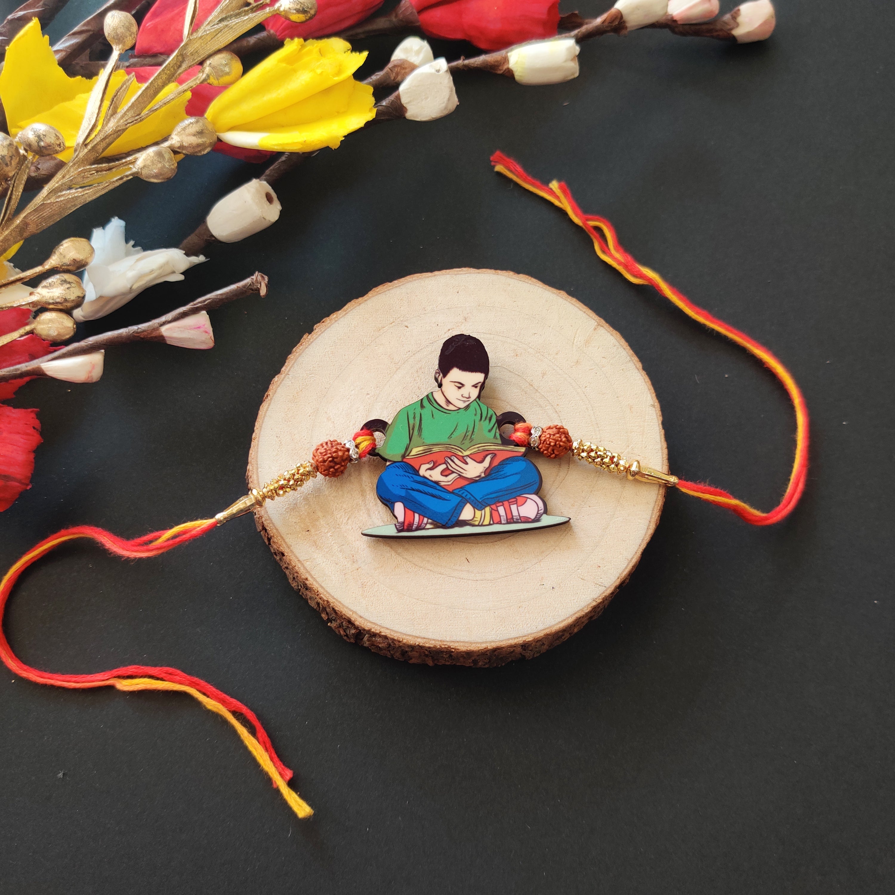 Indianvibez Padhaku Bhai Wooden Rakhi, Rudraksha Rakhi for Brother - Kids Rakhi