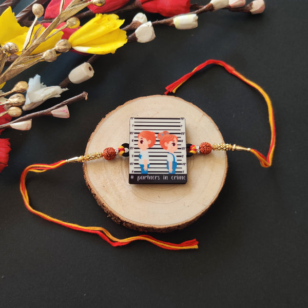 Indianvibez Partners in Crime Rakhi Wooden Rakhi for brother with Rudraksha Thread - Kids Rakhi - Distacart