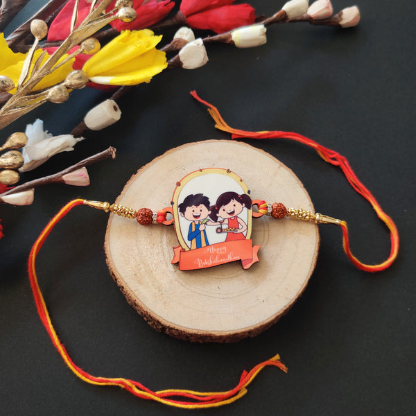 Indianvibez Happy Rakshabandhan Wooden Rakhi with Rudraksha, Traditional Rakhi for Brother, Shop India - Kids Rakhi