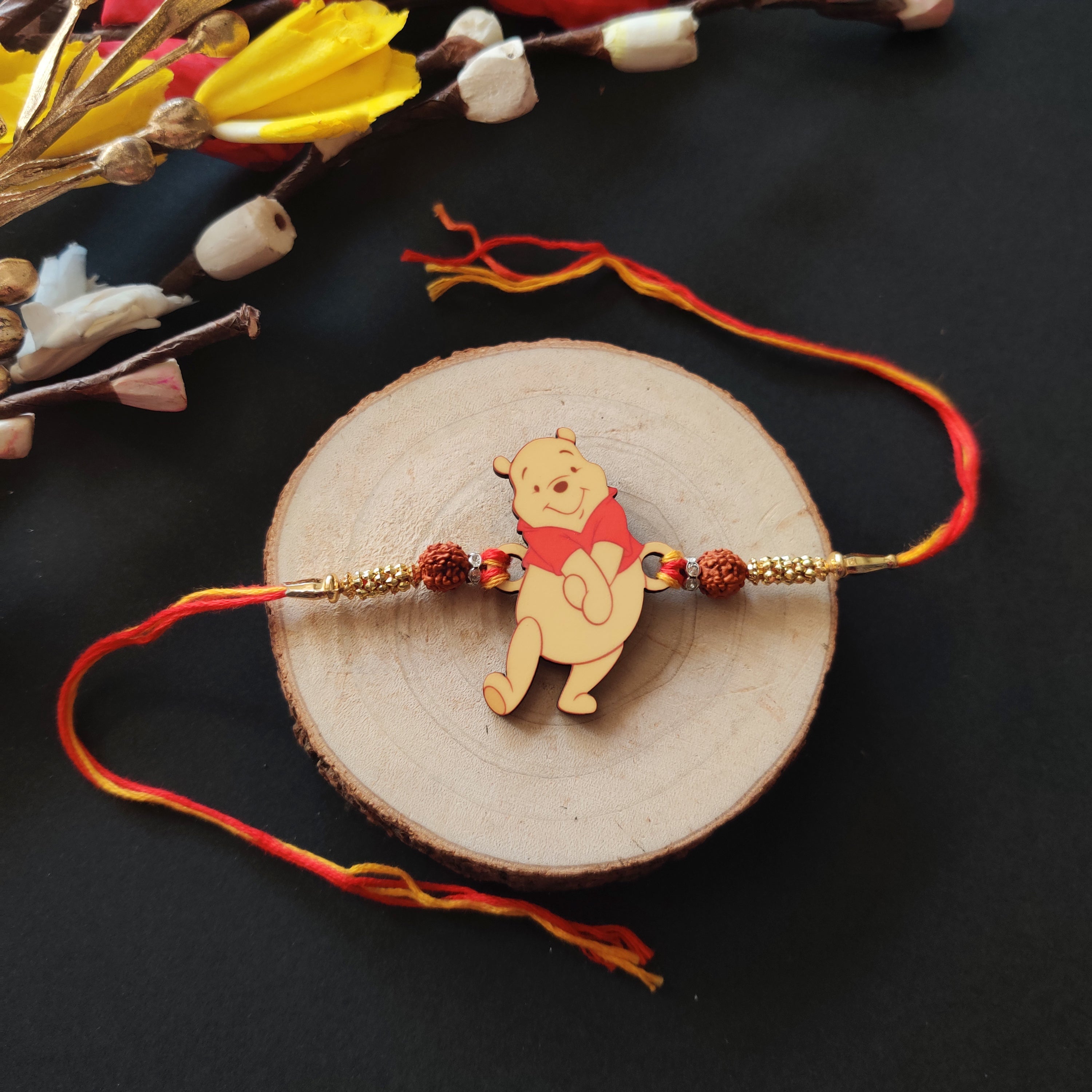 Indianvibez Winnie Pooh Wooden Rakhi with Rudraksha, Cute Rakhi for Brother, Shop India - Kids Rakhi