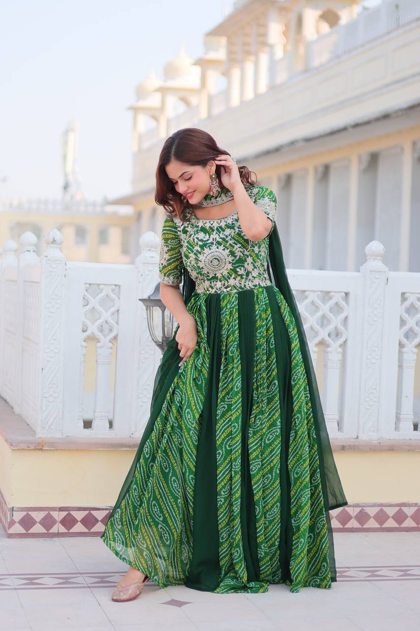 Lehenga Mart Designer Georgette Bandhej Gown & Dupatta - Distacart