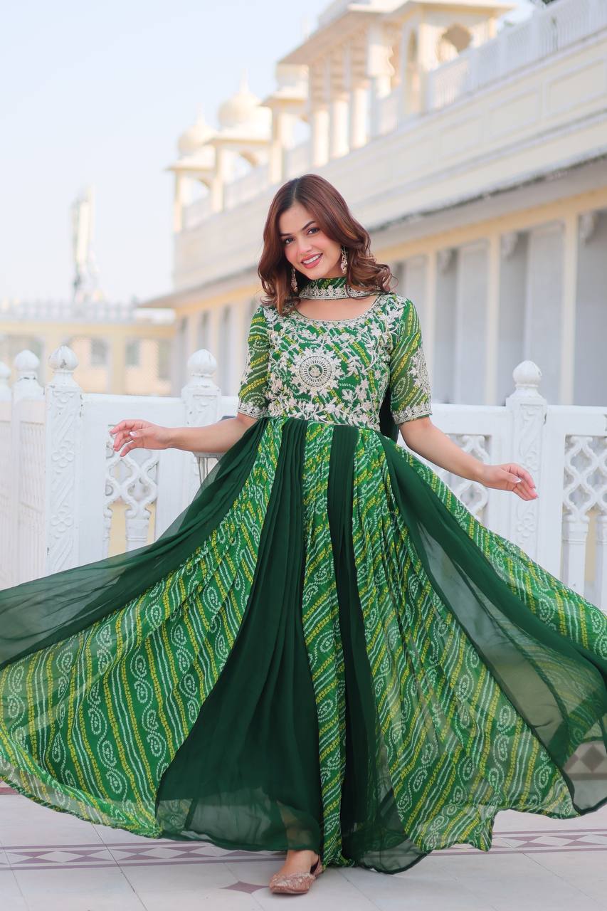 Lehenga Mart Designer Georgette Bandhej Gown & Dupatta - Distacart
