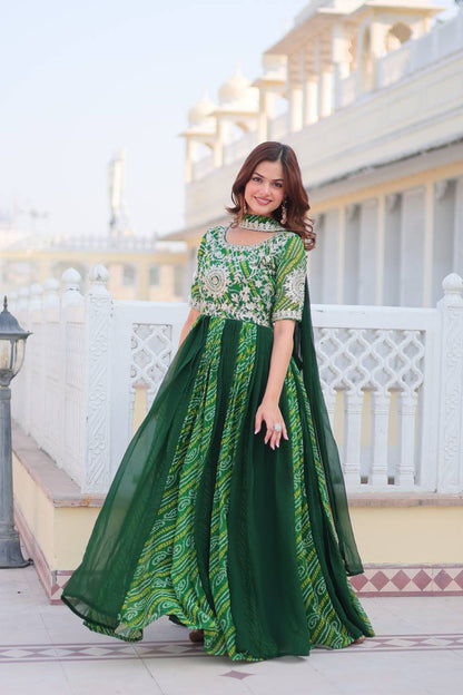 Lehenga Mart Designer Georgette Bandhej Gown & Dupatta - Distacart