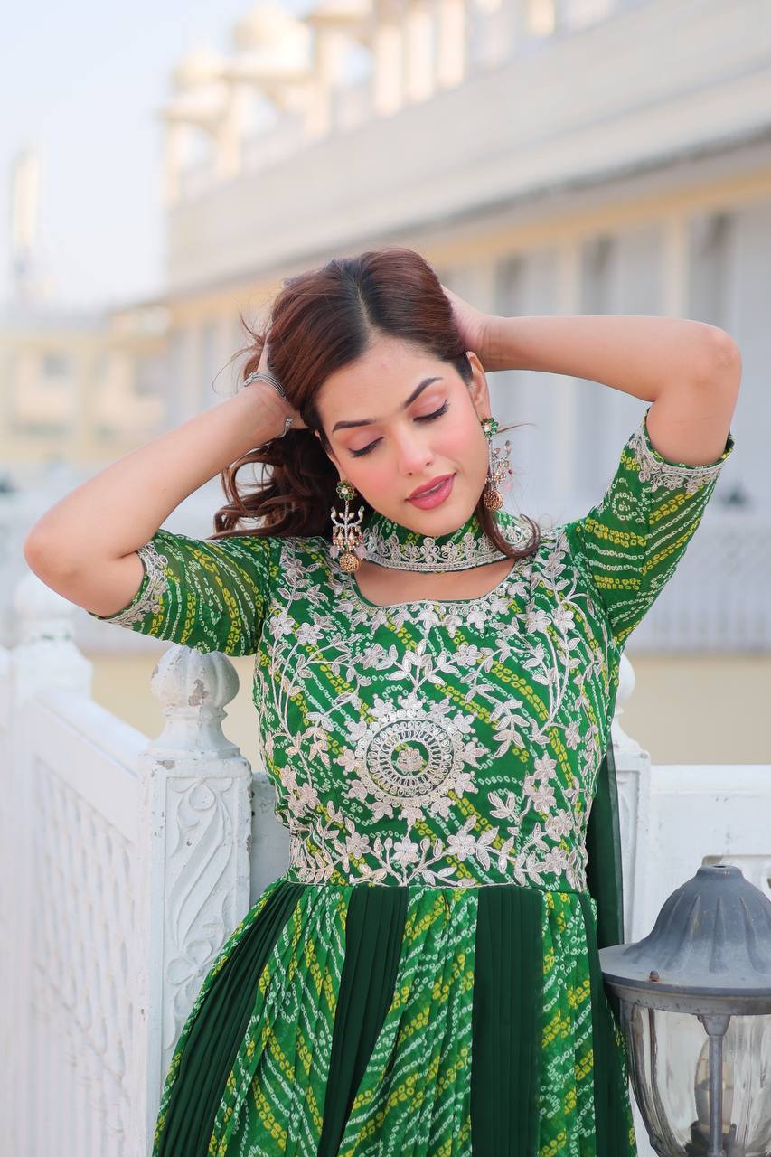 Lehenga Mart Designer Georgette Bandhej Gown & Dupatta - Distacart