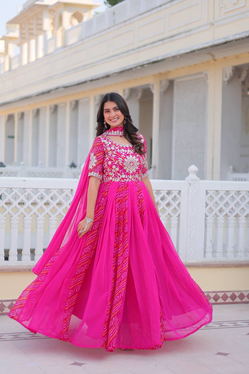 Lehenga Mart Designer Georgette Bandhej Gown & Dupatta - Distacart