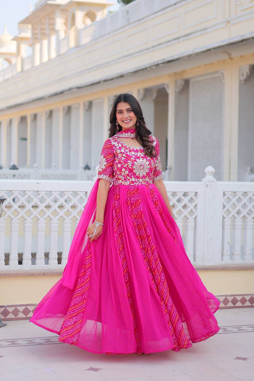 Lehenga Mart Designer Georgette Bandhej Gown & Dupatta - Distacart