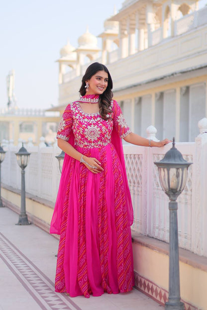 Lehenga Mart Designer Georgette Bandhej Gown & Dupatta - Distacart