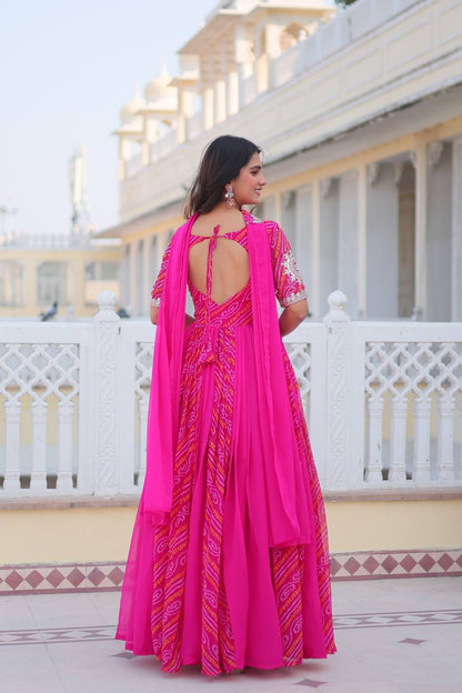 Lehenga Mart Designer Georgette Bandhej Gown & Dupatta - Distacart