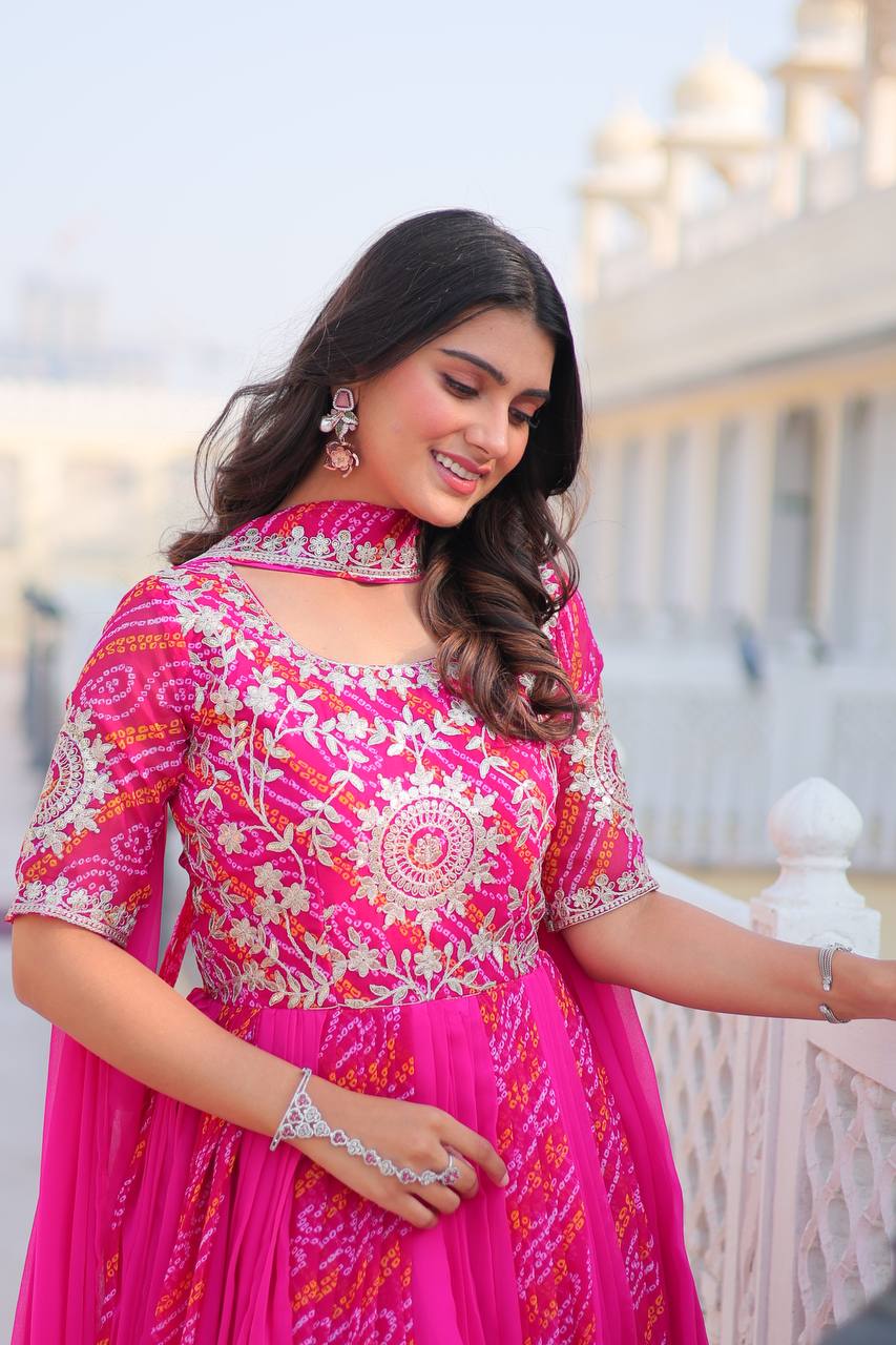 Lehenga Mart Designer Georgette Bandhej Gown & Dupatta