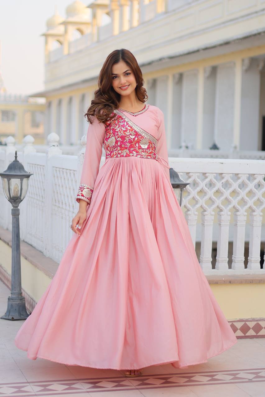 Lehenga Mart Pure Chinon Bandhej Gotta patti cording Work Gown - Distacart