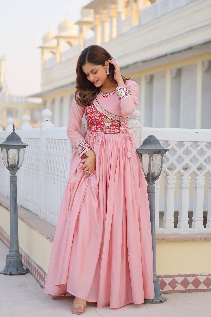 Lehenga Mart Pure Chinon Bandhej Gotta patti cording Work Gown - Distacart