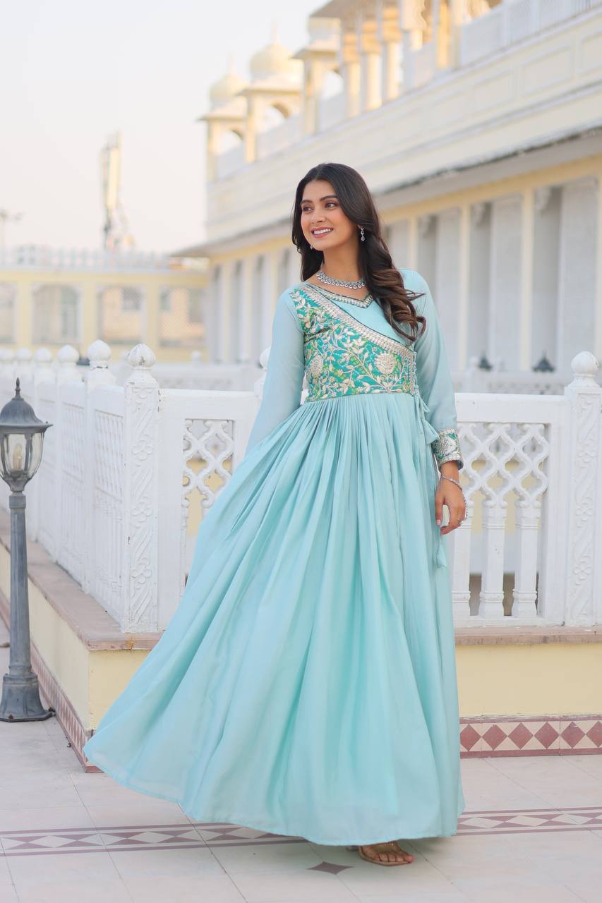 Lehenga Mart Pure Chinon Bandhej Gotta patti cording Work Gown - Distacart
