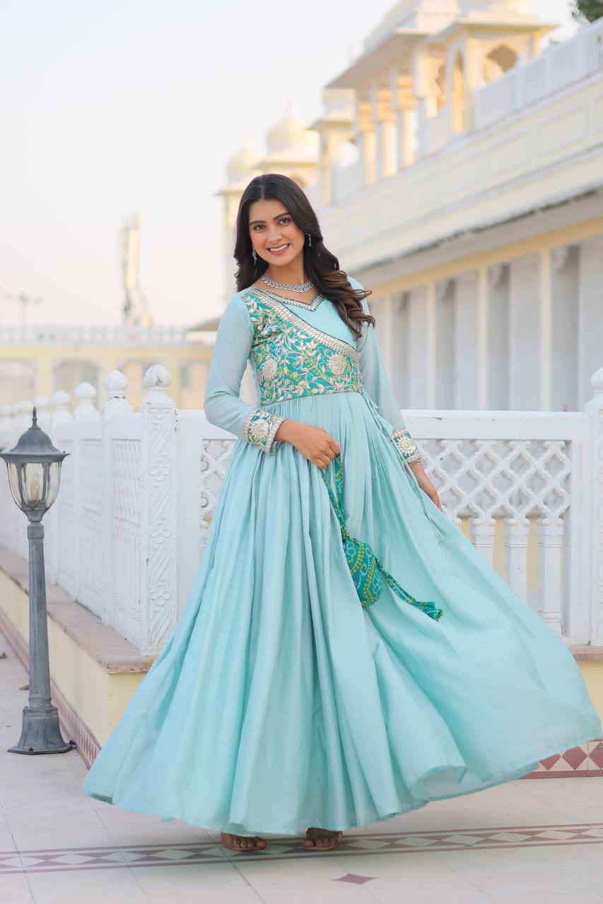 Lehenga Mart Pure Chinon Bandhej Gotta patti cording Work Gown - Distacart