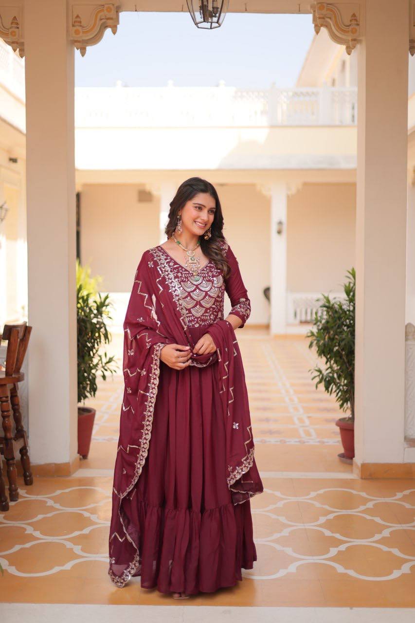 Lehenga Mart Georgette Long Gown & Dupatta for wedding Party wear - Distacart