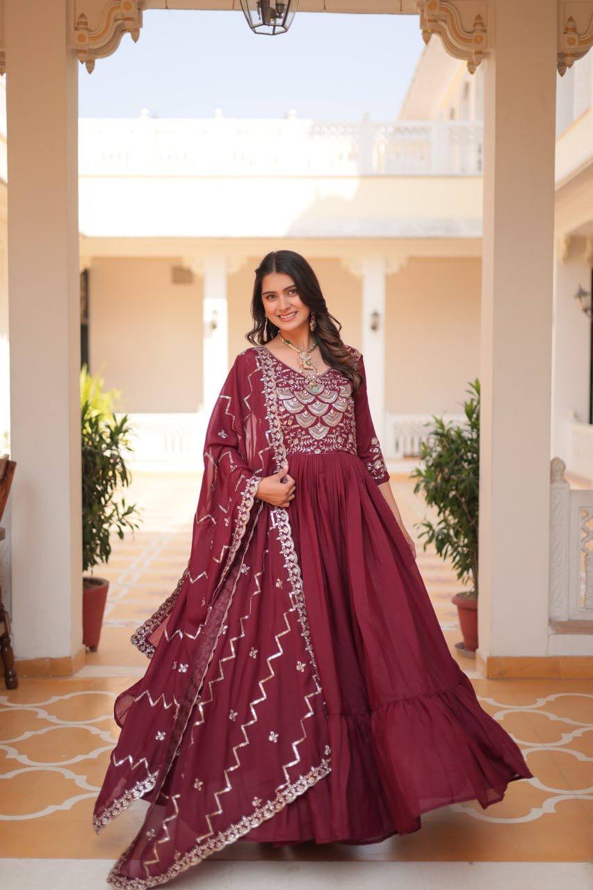 Lehenga Mart Georgette Long Gown & Dupatta for wedding Party wear - Distacart