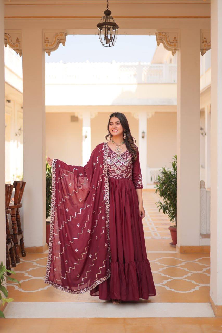 Lehenga Mart Georgette Long Gown & Dupatta for wedding Party wear - Distacart