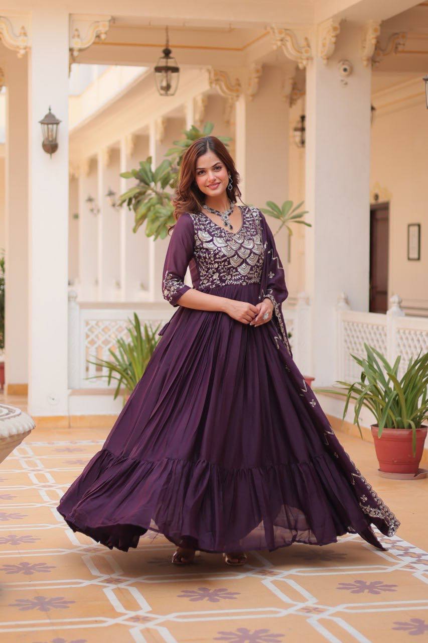 Lehenga Mart Georgette Long Gown & Dupatta for wedding Party wear - Distacart