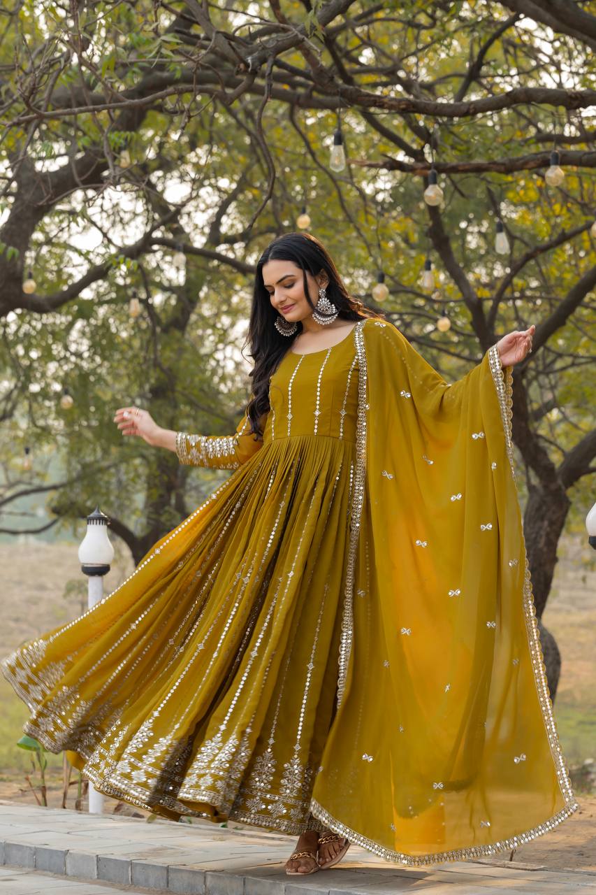 Lehenga Mart Georgette Long Gown & Dupatta for wedding Party wear - Distacart